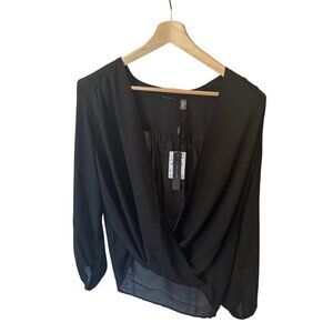 Tahari Black Plunging V Long Sleeve Chiffon Blouse - NWT - Size L